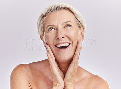 Buy stock photo Senior, face and skincare woman happy with clear beauty, wellness and daily selfcare routine with mockup space. Happiness, smile and healthy person glowing, wrinkles and content portrait in studio