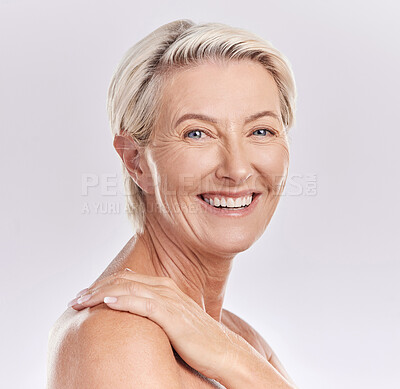 Buy stock photo Mockup, beauty and skin care with face happy mature woman smiling and enjoying hygiene treatment. Portrait of smiling senior confident and proud of her natural skin, satisfied with a pamper session 