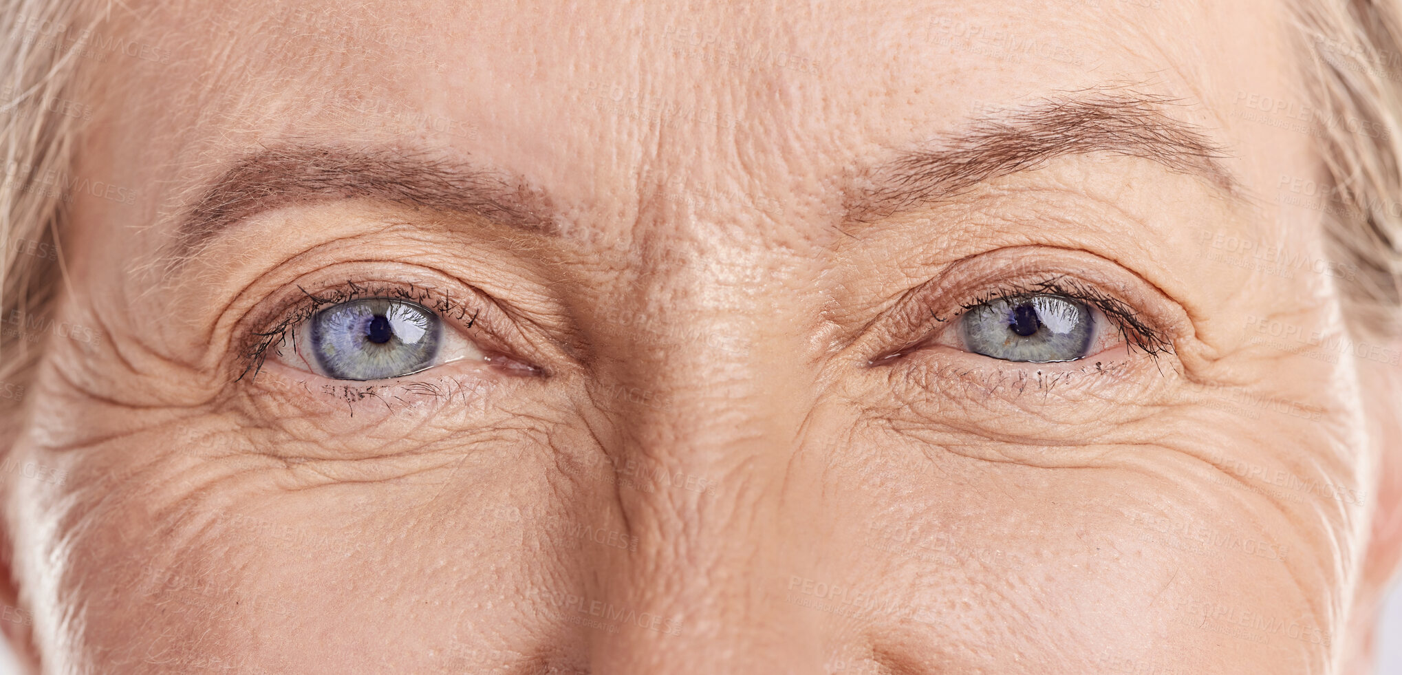 Buy stock photo Closeup of senior woman, eyes and wrinkles with vision, skin with face and natural beauty. Anti aging, dermatology and female model with eye care, wellness and cosmetics, skincare and contact lens