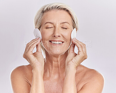 Buy stock photo Face of senior with facial cleaning beauty and skincare cotton makeup cosmetic for healthy skin. Self care and   happy elderly woman or person smile with cosmetics for skin care wellness treatment