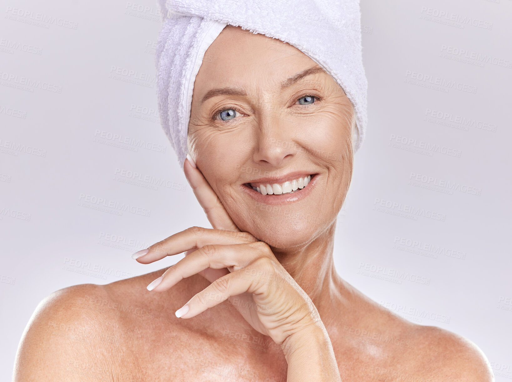 Buy stock photo Woman with beauty, skincare and makeup or anti aging face cosmetics routine portrait. Happy and senior lady using natural spa facial product for wrinkles, health and wellness