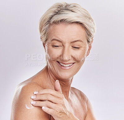 Buy stock photo Skincare cream, naked and senior woman mockup studio background. Self care, anti ageing and beauty wellness for healthy body. Mature lady happy with glowing skin pamper application routine.
