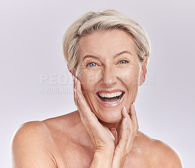 Buy stock photo Skincare, beauty and wellness for mature skin, self care and body cosmetic of a happy, smile and healthy woman in studio. Portrait of excited, happy and smile model with clean face and complexion