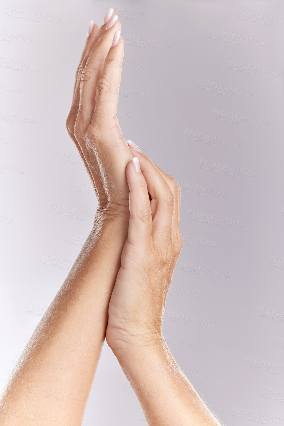 Buy stock photo Closeup of hands, manicure and skin with nails, beauty and skincare with person isolated on white background. Nail care, wellness and dermatology, hygiene and grooming with cosmetic salon treatment