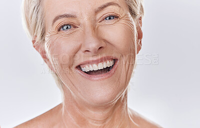 Buy stock photo Dentist, veneers or dentures in senior woman mouth or teeth looking happy with her oral hygiene or dental cleaning cosmetic service. Mature model with smile on face for dentistry, health and wellness