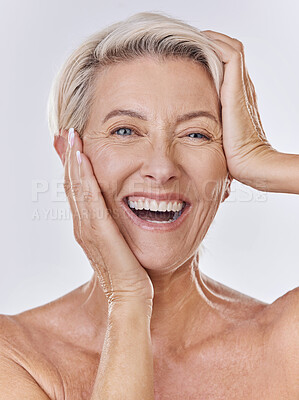 Buy stock photo Skincare, wrinkles and face of old woman or model in beauty, cosmetics or flawless skin portrait isolated on studio background. Big smile senior lady posing with anti aging skin care wellness routine