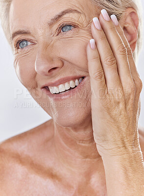 Buy stock photo Skincare, wellness and beauty face of happy mature woman grooming, apply facial or hygiene treatment. Senior female enjoying anti aging cosmetics on wrinkles, self care and routine cleaning at home