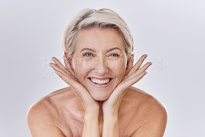 Buy stock photo Face, hands or mature woman with beauty, wellness or smile in studio isolated on white background. Natural, portrait or happy senior person with facial skincare cosmetics, self love or glowing shine 