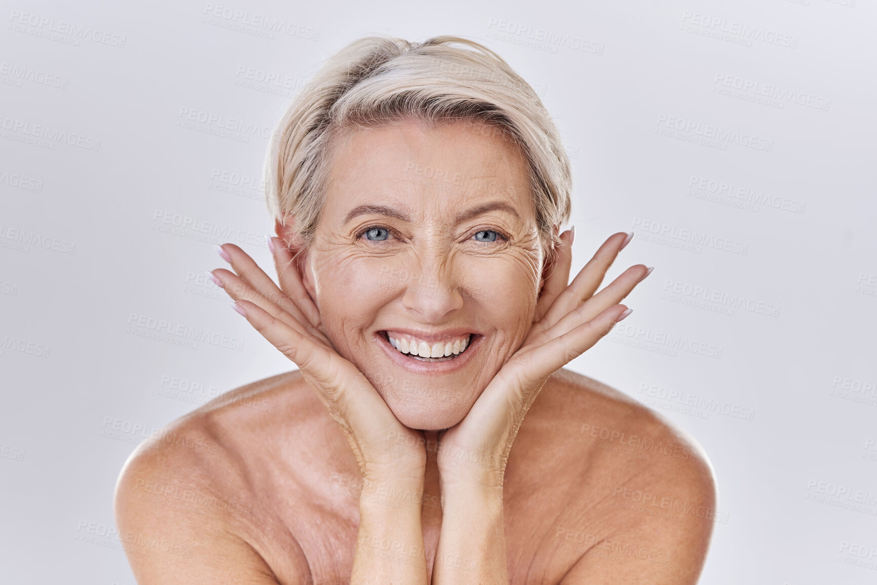 Buy stock photo Face, hands or mature woman with beauty, wellness or smile in studio isolated on white background. Natural, portrait or happy senior person with facial skincare cosmetics, self love or glowing shine 