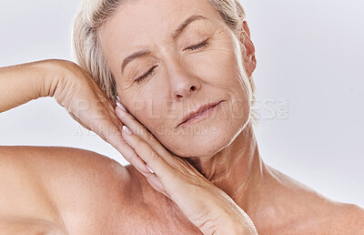 Buy stock photo Skincare, beauty and wellness with health, skin and face of a senior woman in a studio on a purple background. Relax, spa and skin care with an elderly, calm model feeling healthy, happy and natural