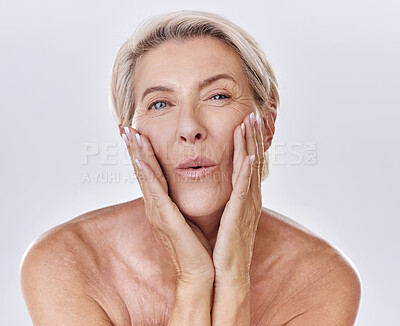 Buy stock photo Happy, fun or mature skin care beauty model on studio background and grooming face with manicure hands. Portrait of beautiful woman with wellness, healthy or natural skincare with makeup or cosmetics
