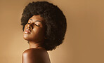 Confident African American woman with a natural afro posing against brown studio copyspace background. Young beautiful black female model looking trendy, powerful and sensual with smooth glowing skin