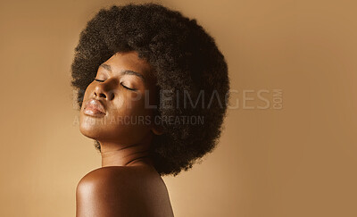 Buy stock photo Confident African American woman with a natural afro posing against brown studio copyspace background. Young beautiful black female model looking trendy, powerful and sensual with smooth glowing skin