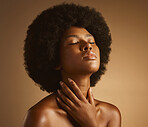 Confident African American woman with a natural afro posing against brown studio copyspace background. Young beautiful black female model looking trendy, powerful and sensual with smooth glowing skin