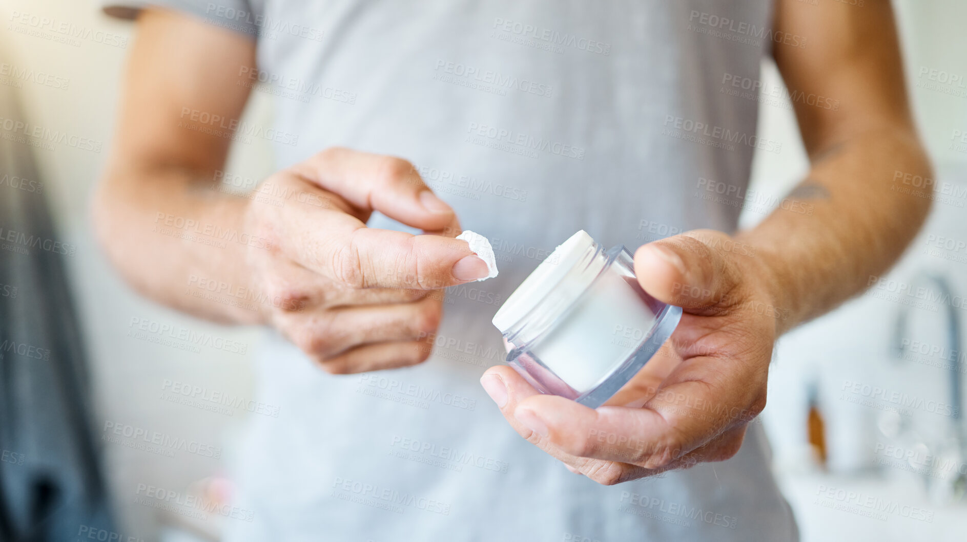 Buy stock photo Bathroom, cream and hands of person with skincare body product for self care, skin hydration or morning beauty treatment. Cosmetics lotion, dermatology and closeup model apply moisturizer at home