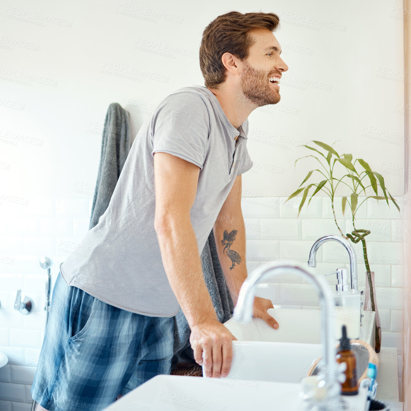 Buy stock photo Man in bathroom, checking teeth in mirror and smile with morning routine, health and wellness in home. Dental care, clean mouth and face with male grooming for fresh breath, hygiene and getting ready