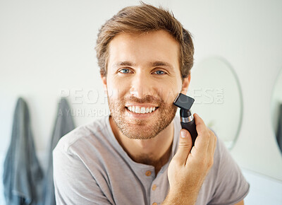 Buy stock photo Portrait, man and shave beard with razor for hair removal, aesthetic skincare and facial beauty cleaning in morning at home. Happy guy shaving face with blade, trimmer and cosmetic tools in bathroom