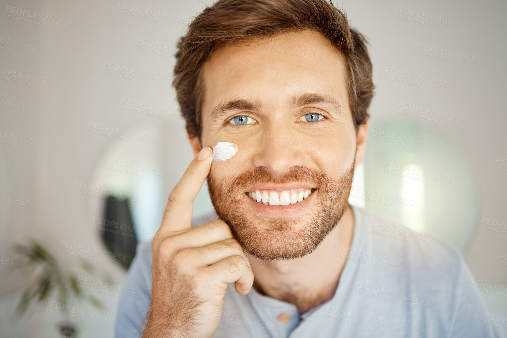 Buy stock photo Bathroom, skincare cream or portrait of happy man with sunscreen, lotion or collagen moisturizer for male beauty routine. Facial cosmetics, self care or home person smile for morning melasma ointment