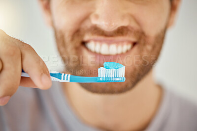 Buy stock photo Brushing teeth, toothbrush and closeup with man in bathroom for self care, oral hygiene and dental. Cleaning, smile and health with male person at home for beauty, wellness and morning routine
