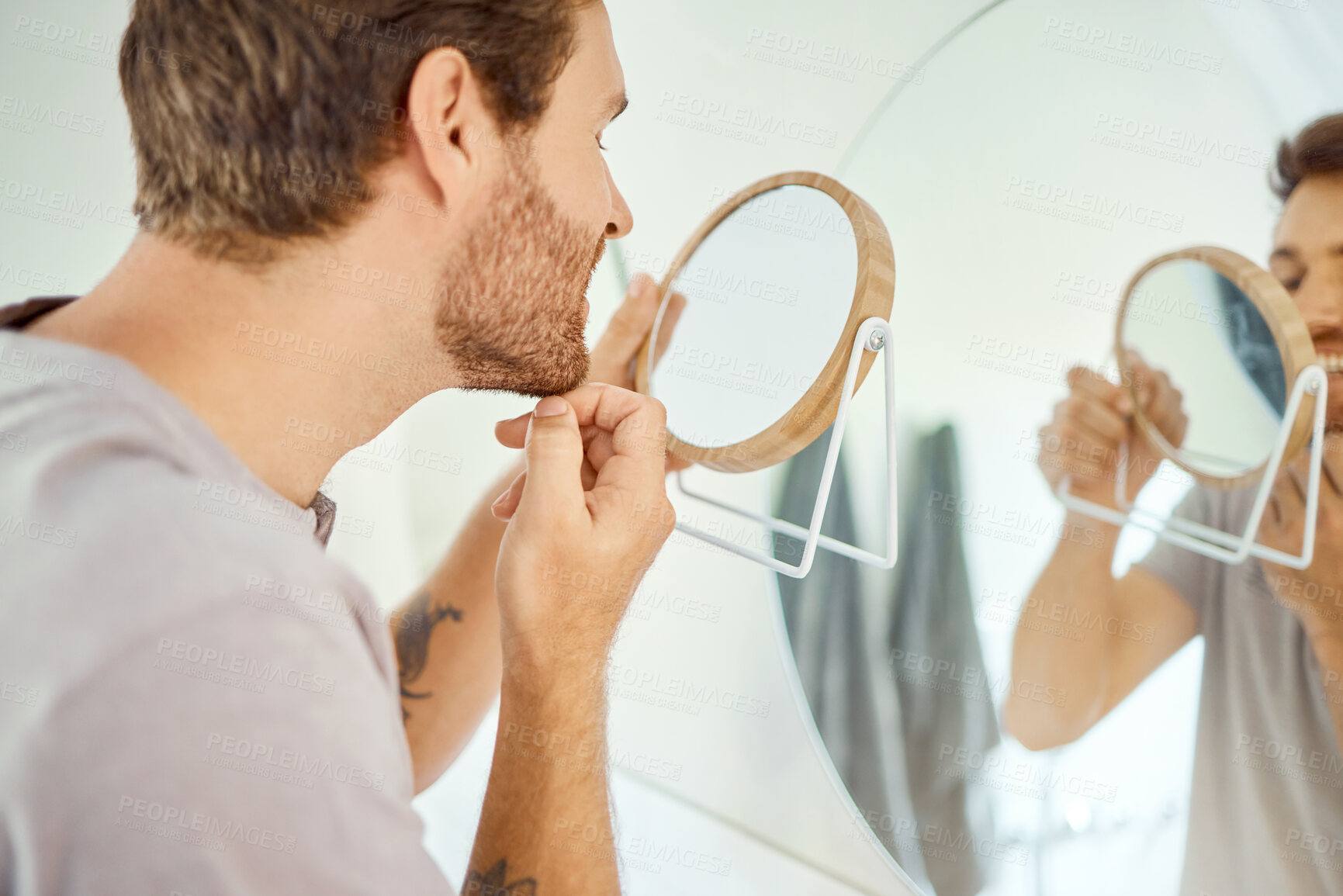 Buy stock photo Mirror, grooming and man with a teeth check for dental health, cleaning and morning routine. Medical, healthcare and a young person looking at a tooth or mouth in a home bathroom with reflection