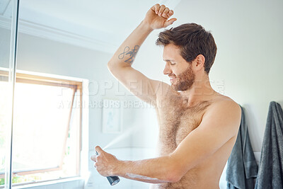 Buy stock photo Man, spray and deodorant for underarm in bathroom with smile, wellness and hygiene to start morning. Young guy, happy and aerosol fragrance for cleaning, armpit and perfume for health in apartment
