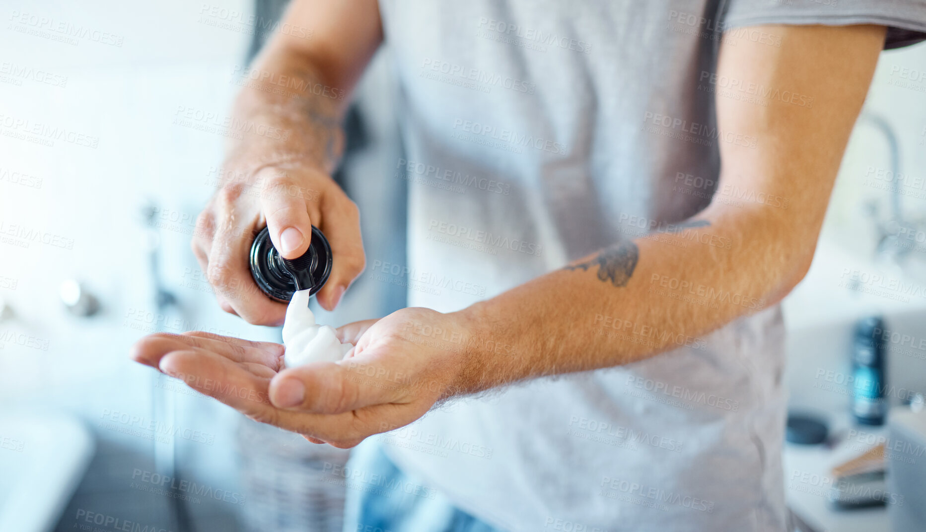 Buy stock photo Closeup, hands and man with shaving cream, bathroom and hygiene with wellness, grooming and skincare. Zoom, male person or guy with cosmetics product, foam or dermatology with bottle and healthy skin