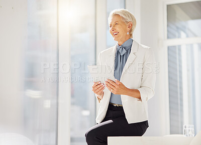 Buy stock photo Vision, office tablet and senior woman happy for company growth statistics, feedback insight or online data analytics. Executive, pride and confident female person, CEO or boss smile for sale numbers