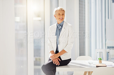 Buy stock photo Elderly business woman, portrait and smile for career vocation, management position or corporate work. Sitting, confident pride and relax female person, leader or boss happy for company success 