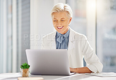 Buy stock photo Laptop, smile and senior business woman in office excited for research, idea and mission plan. Online, project and happy elderly female manager cheerful while typing, browsing and planning proposal