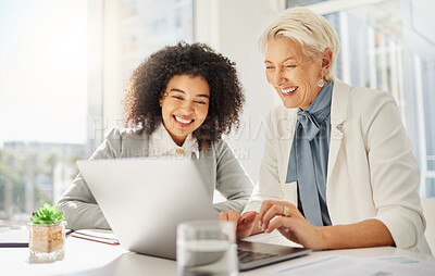 Two diverse smiling businesswomen working together on corporate plans in an office boardroom. Mature businesswoman using a laptop while brainstorming online with a young mixed race colleague
