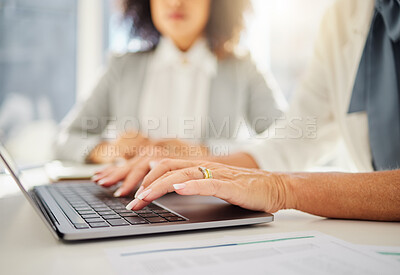 Buy stock photo Laptop, closeup and hands of business woman in office for research, planning and email. Website, online and technology with female employee typing corporate report for idea, internet and digital