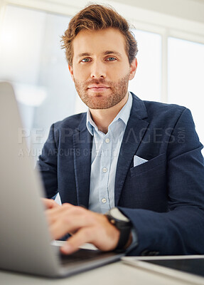 Buy stock photo Office laptop, portrait and business man typing, working and review online account information, sales report or research. Confidence, administration and professional person check web database record
