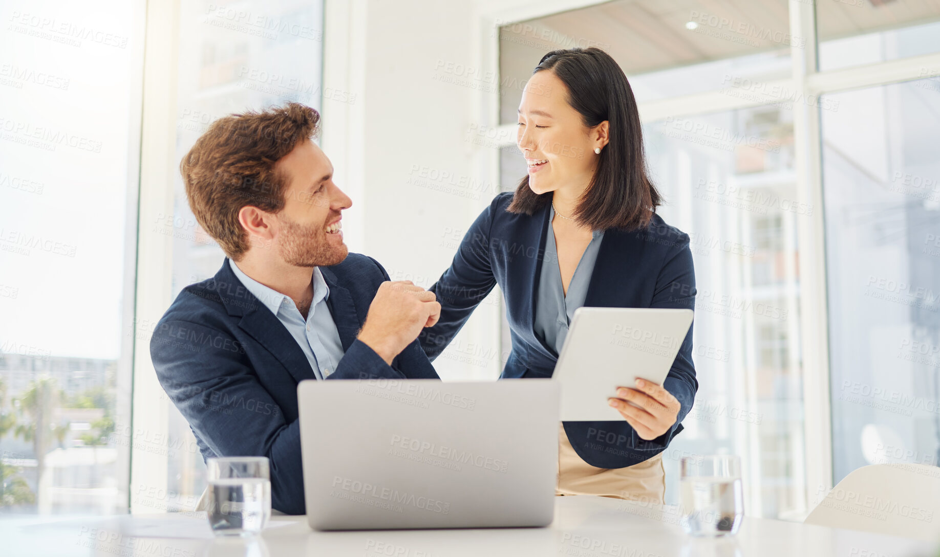 Buy stock photo Business people, tablet and planning, teamwork or management for job workflow at online, tech company. Meeting, happy and corporate woman with manager or colleague on digital software and computer