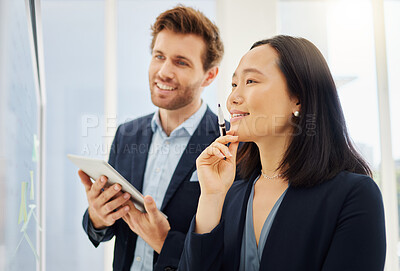Buy stock photo Thinking, board and happy business people teamwork on research project, planning or brainstorming solution. Diversity, corporate plan and sales rep team, man or Asian woman analysis of office ideas