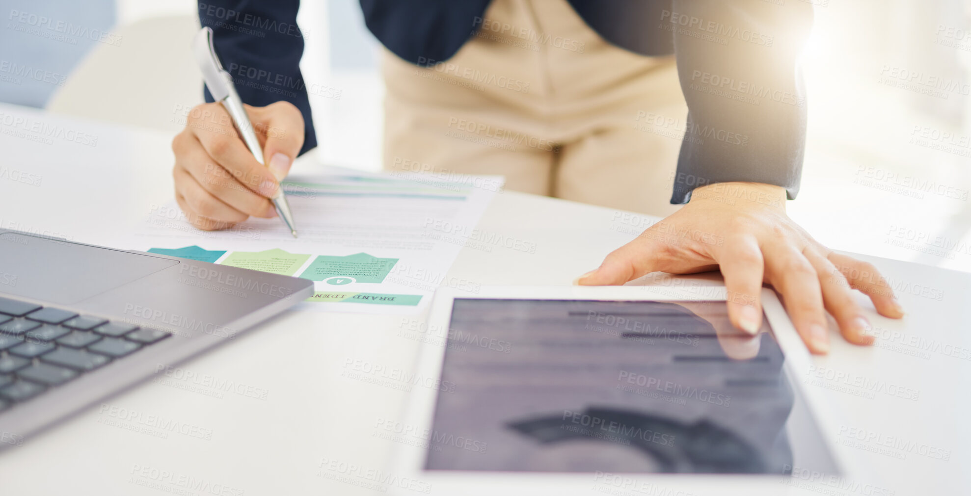 Buy stock photo Closeup, business person and hands with a tablet, writing and planning at the office, new project and research for information. Employee, woman and consultant with technology and report with deadline