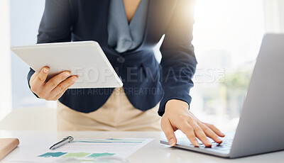 Buy stock photo Tablet, research and laptop with hands of woman in office for planning, online report or email. Technology, communication and connection with closeup of female employee for corporate, idea and review