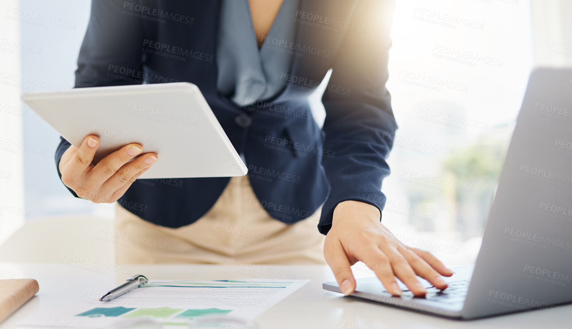 Buy stock photo Tablet, research and laptop with hands of woman in office for planning, online report or email. Technology, communication and connection with closeup of female employee for corporate, idea and review