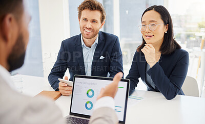 Buy stock photo Collaboration, laptop graphs or happy business people, office team or colleagues review on progress insight, data or charts. Diversity, research analytics or staff cooperation on  online web feedback