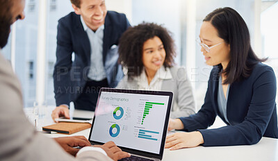 Buy stock photo Laptop screen, online graphs and business people, office team or group review survey feedback, insight or info. Diversity, demographics and workforce cooperation on customer experience statistics