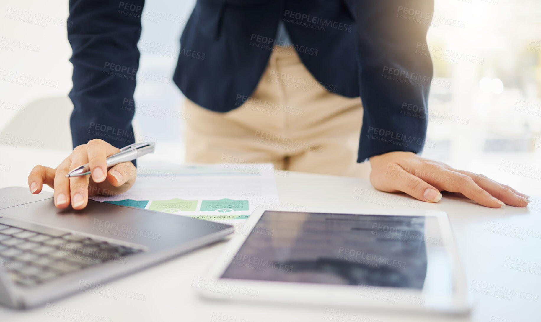 Buy stock photo Tablet, laptop and businessman working in the office planning corporate project or proposal. Technology, professional and closeup of male employee doing research with computer and mobile in workplace