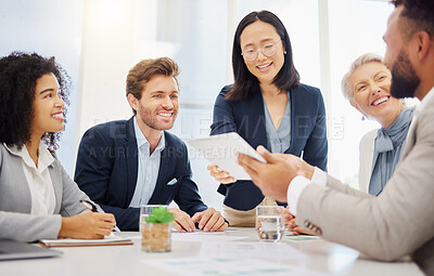 Buy stock photo Collaboration, discussion and business people with a tablet in a meeting in office planning a corporate proposal. Professional, tech and team working on company project together in the workplace.
