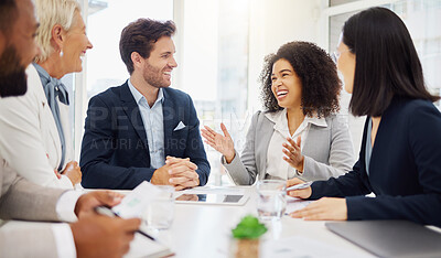 Buy stock photo Diversity, conversation and business meeting people laughing at funny admin joke, comedy humour or story. Proposal, happiness and professional team, management group or happy staff consulting