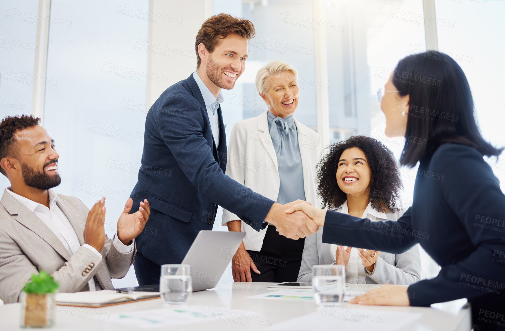 Buy stock photo Partnership, agreement and happy business people shaking hands for investment deal, b2b contract negotiation or acquisition. Human resources promotion, diversity and HR manager with hiring welcome 