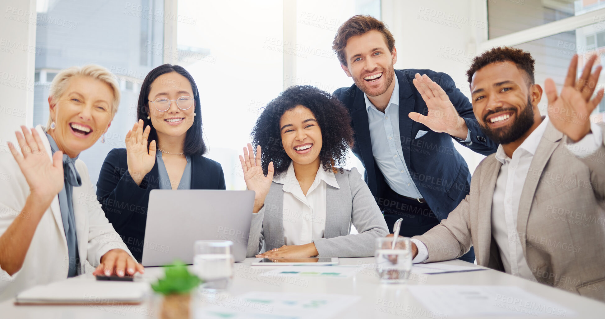 Buy stock photo Business people, group wave and video call together for webinar in office with happiness, diversity and teamwork. Corporate team, portrait and happy with men, women and excited for virtual conference