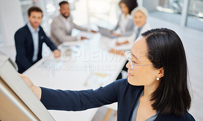 One confident young asian businesswoman from above with glasses using a whiteboard to write notes while leading a presentation with her colleagues during a meeting in an office boardroom