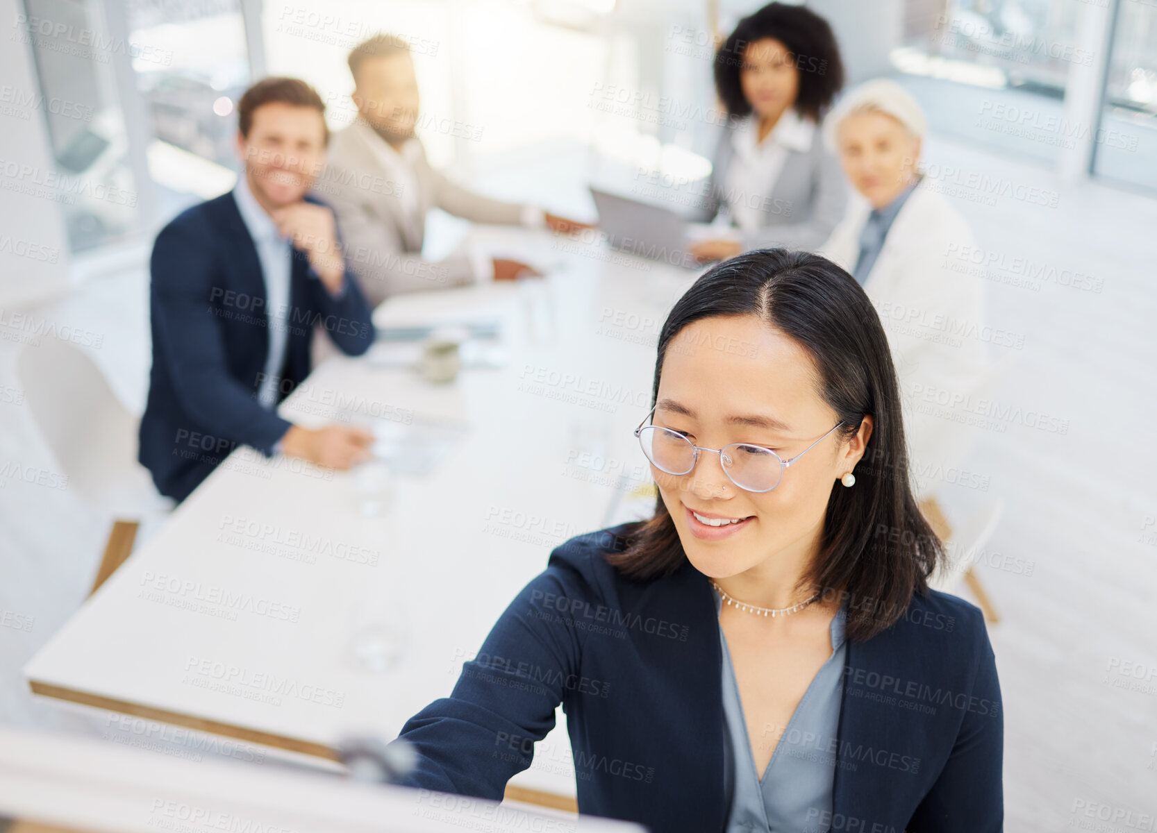 Buy stock photo Office meeting, presentation report and happy woman writing business strategy, client investment plan or brand ideas. Presenter, listening team and Japanese person, manager or coach teaching group