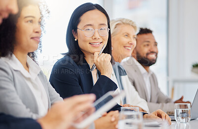 Buy stock photo Conference meeting, portrait and happy woman, row of business people or Asian manager listening at tradeshow panel. Audience, attention or female person smile during trade show presentation