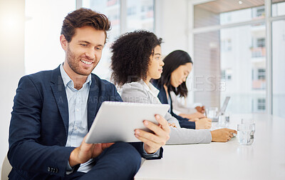 Buy stock photo Conference meeting, tablet and happy man, row of people and online research, panel notes or typing tradeshow report. Audience, reading or professional male smile at presentation insight statistics