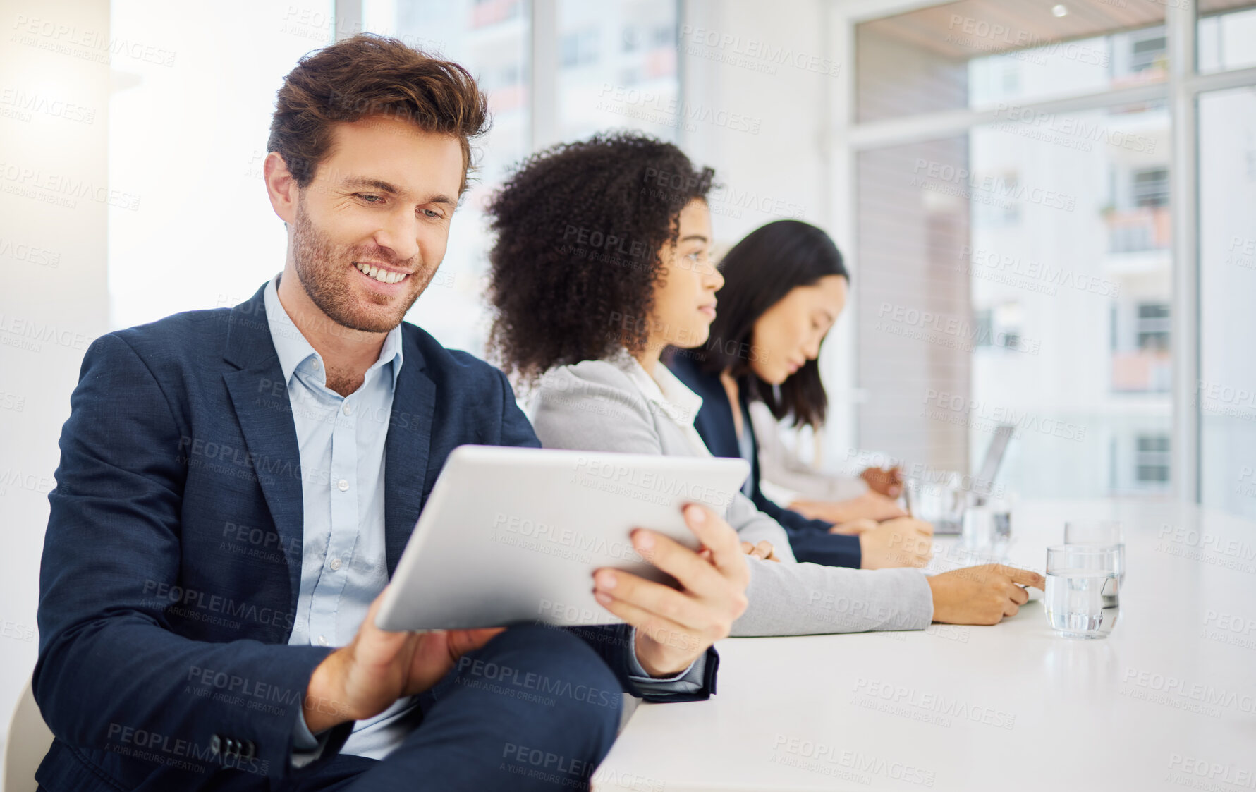 Buy stock photo Conference meeting, tablet and happy man, row of people and online research, panel notes or typing tradeshow report. Audience, reading or professional male smile at presentation insight statistics