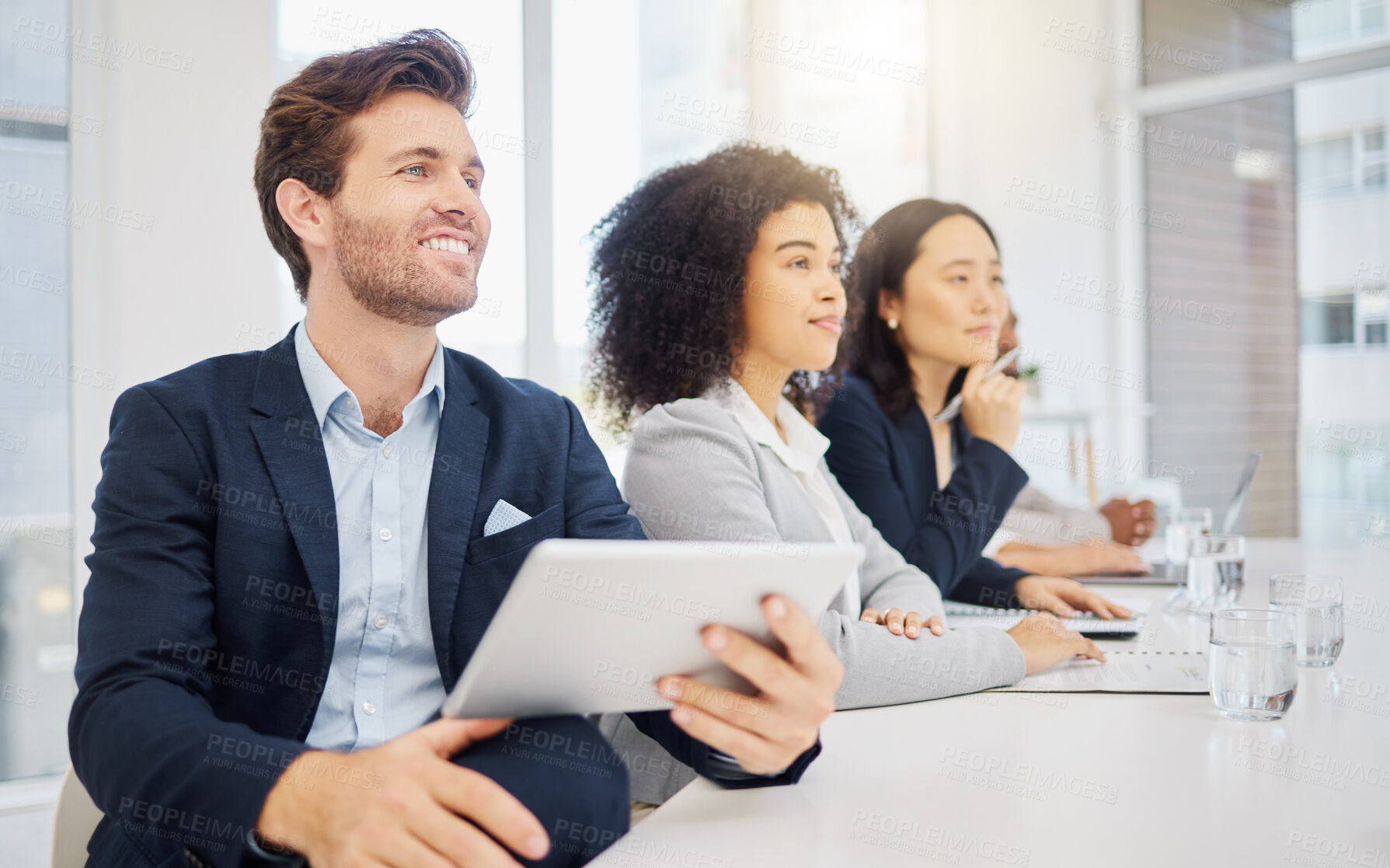 Buy stock photo Conference meeting, listening man and row of people and attention to sales opportunity, presentation or project development. Diversity audience, focus panel or executive team happy for seminar event